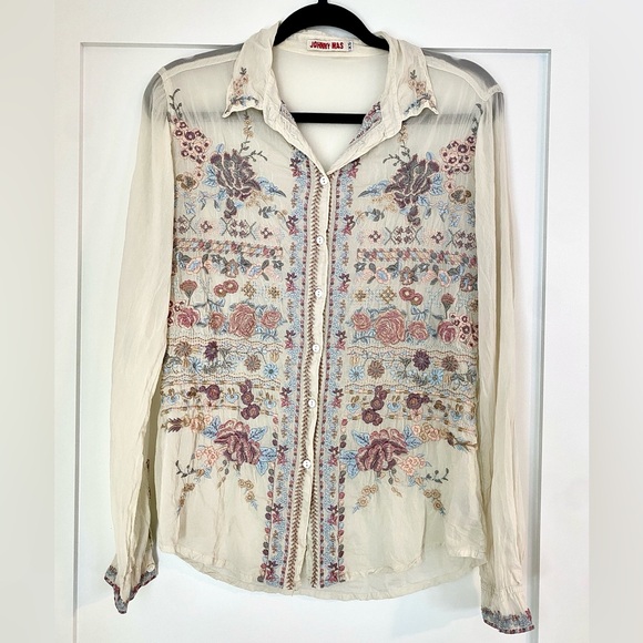 Johnny Was Tops - Johnny Was sheer cream blouse, beautifully embroidered, unique